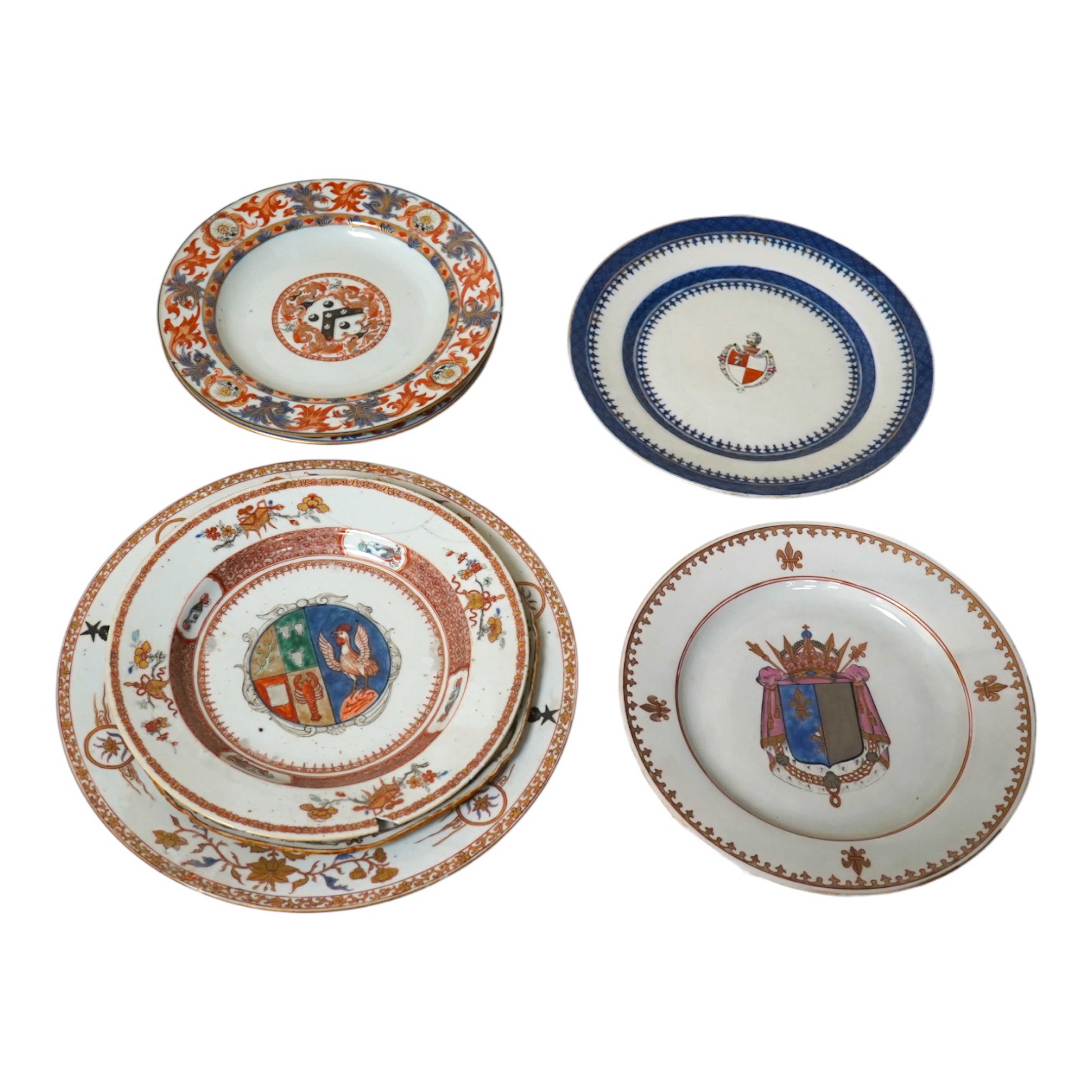 Seven assorted 18th century Chinese armorial plates. Condition - mostly restored